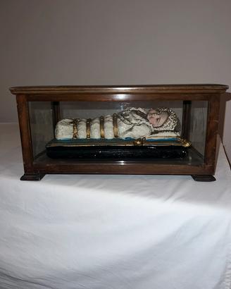 Gesù Bambino d'epoca in fasce con teca in legno