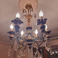 2 lampadari uguali in legno e bronzo con pendagli 