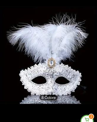Maschera Veneziana Bianca in Pizzo con Piume e Cri