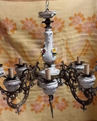 LAMPADARIO ANTIQ. CERAMICA, BRONZO E ORO ZECCHINO
