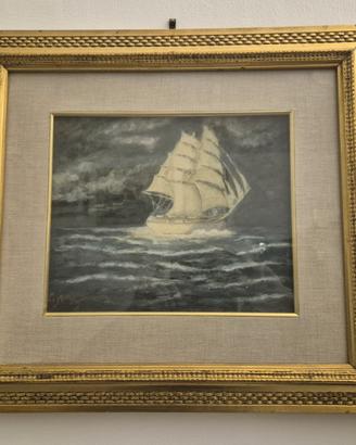 Quadro con veliero dipinto a mano
