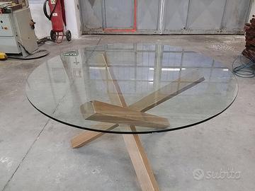 tavolo 3 gambe incrociate in abete piano vetro