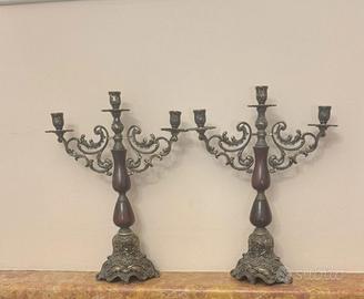 Coppia di Candelabri in Ottone e Legno barocco