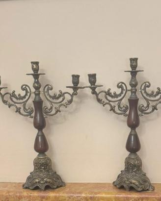 Coppia di Candelabri in Ottone e Legno barocco