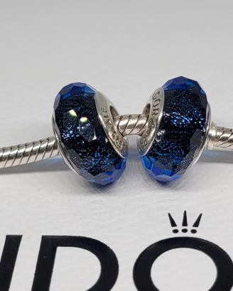 Coppia Murano Pandora Originali Blu Iridescente 