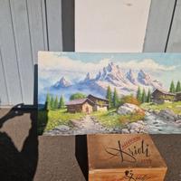quadro olio su tela Casette con fiumicello e monti
