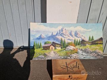 quadro olio su tela Casette con fiumicello e monti