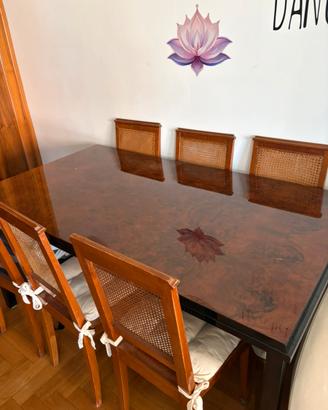 Tavolo elegante in legno e radica + 6sedie vintage