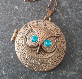 Collana bronzo medaglia stemma gufo brillantini