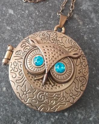 Collana bronzo medaglia stemma gufo brillantini