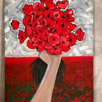 Olio su tela "mano  con papaveri"