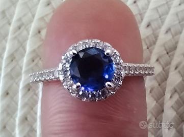 Anello Argento 925 Con Zaffiro Blù e Zirconi NUOVO