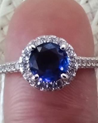 Anello Argento 925 Con Zaffiro Blù e Zirconi NUOVO