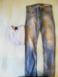 Only & Sons camicia celeste righe pantaloni jeans 