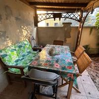 Tavolo giardino legno + cassapanca + 4 sedie