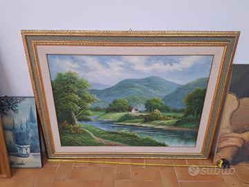 Quadro paesaggio a olio con cornice dorata