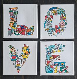 Set 4 tele dipinte a mano (Stile Doodle)