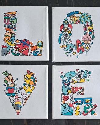 Set 4 tele dipinte a mano (Stile Doodle)