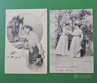 Due cartoline antiche viaggiate SIGNORE E CAVALLI