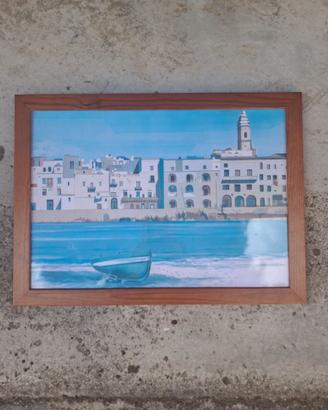 Quadro con paesaggio marino e cornice in legno