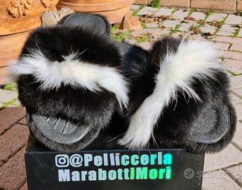Ciabatte pelliccia pelose volpe bianco nera