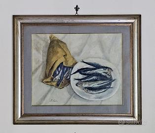 Dipinto a olio su tela Piatto con sarde