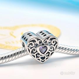 Charm argento 925 cuore love floreale zircone