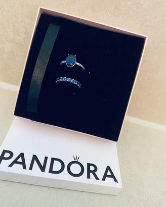 PANDORA 2 Anelli Mis 56 Fascia Blu e Pietra Blu