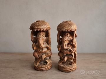 Coppia statuelle Ganesha in legno intagliato 