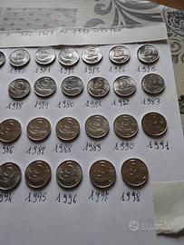 Lotto di 32 monete da lire 5 dal 1968 al 1999 fdc
