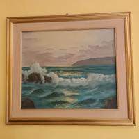 Dipinto a olio su tela - Marina con onde e scogli