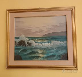 Dipinto a olio su tela - Marina con onde e scogli