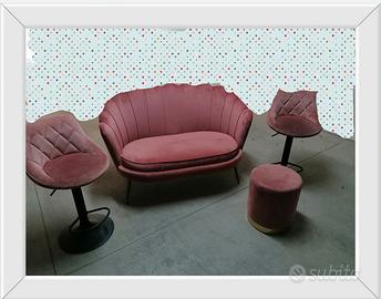 DivanoOrel 135cm in velluto rosa +2 sedie +1 puffo