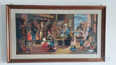 Quadro ricamo con filati a mezzopunto su tela 