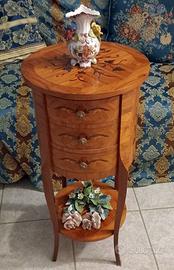 Comodino/mobiletto in legno intarsiato rotondo