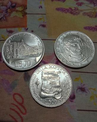 3 monete in Argento 500 + 1000 + 500 lire