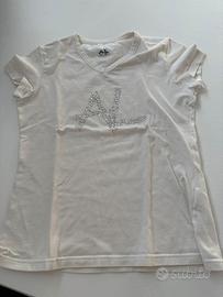 T-shirt bianca Anni Luce con scollo a V e strass.
