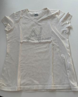 T-shirt bianca Anni Luce con scollo a V e strass.