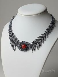 Collana Nera Gemma corniola rossa Vintage Art decò