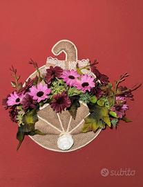 Bouquet su cerchio in corda - Rosa delicato cm 20