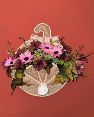 Bouquet su cerchio in corda - Rosa delicato cm 20