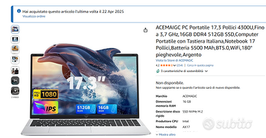 Notebook 17.3" ancora in garanzia