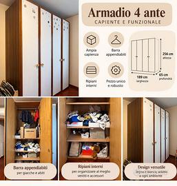 Armadio 4 ante e cassettiera 4 cassetti in legno
