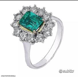 ANELLO CERTIFICATO ORO 18kt. DIAMANTI E SMERALDO