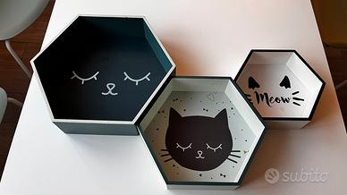 Set 3 mensole esagonali da parete tema gatto Meow