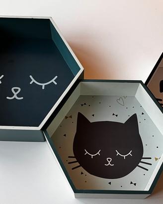 Set 3 mensole esagonali da parete tema gatto Meow
