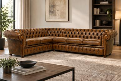 Divano chesterfield angolare in pelle marrone