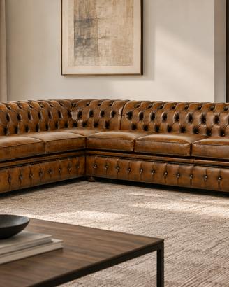 Divano chesterfield angolare in pelle marrone