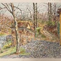 Dipinto Acquerello Bosco con Case - G. Arduini