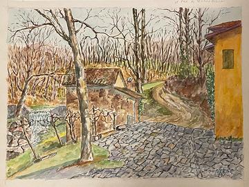 Dipinto Acquerello Bosco con Case - G. Arduini